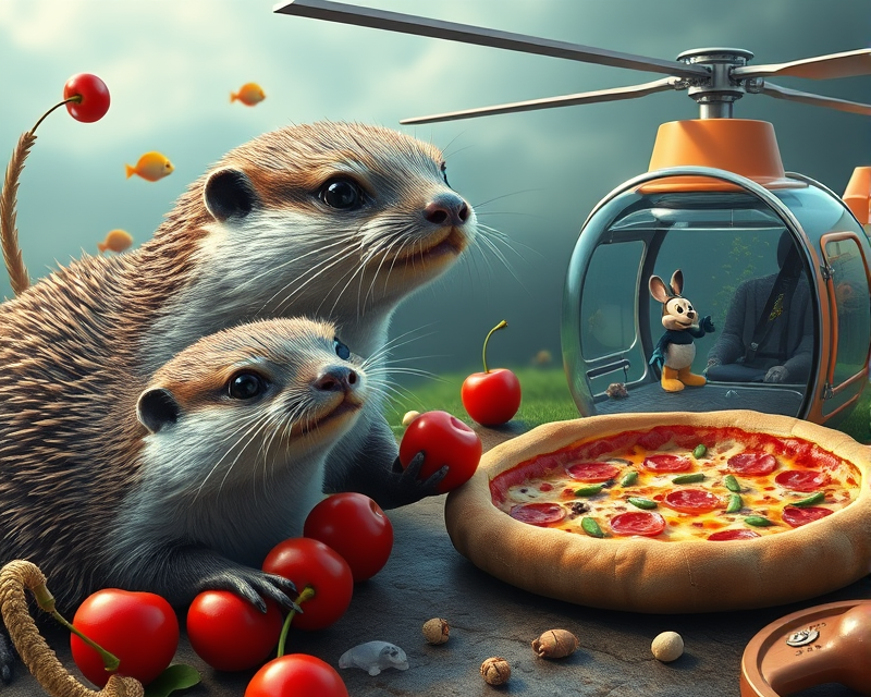 otter, armadillo, ostrich, cherry, rabbit, pizza, mickey mouse, fish tank, helicopter